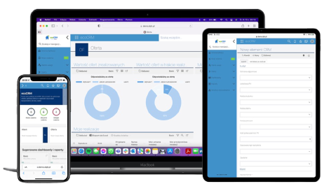 The ecoCRM system on a laptop, tablet and phone - sales reports and client form